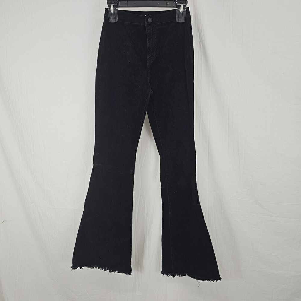 Cello High Rise Corduroy Pants Black Flare Bell Bottom Raw Hem Size 1